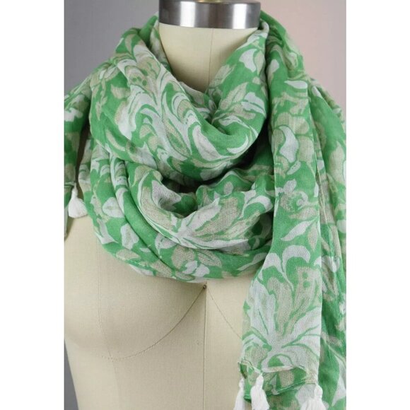 ANN TAYLOR FLORAL PRINT LONG WRAP GREEN TASSELS OS - Picture 4 of 6